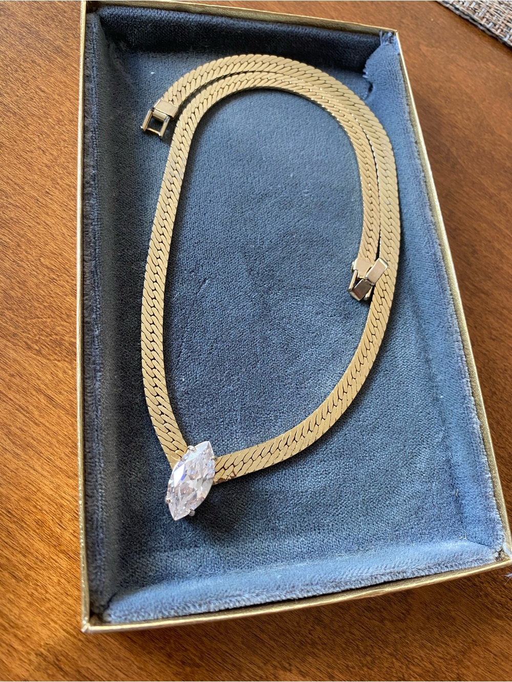 Gold-Tone Herringbone Necklace with Marquise Crystal Pendant